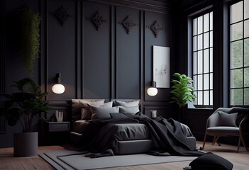 A chic master bedroom with sleek black decor, a wooden floor, a king-size bed, and a large window. 3D rendering with mockup gray wall. Generative AI