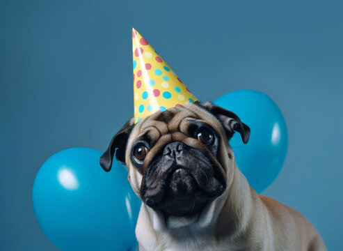Ai generated image of a pug weaing a birthday party hat on