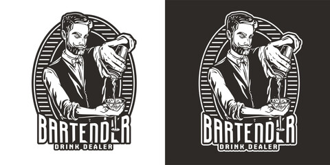 Barman with shaker and martini for bartending. Barkeepr or bartender with beard and mustache for cocktail bar.