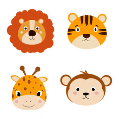 Collection of cartoon animal faces isolated on the white background.