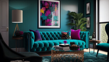 Modern living room with bold, vibrant colors and unique decor pieces, 3D Rendered, AI Generative, Paintings, Couch, Sofa, Colorful Livingroom 