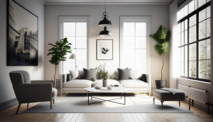 Elegant and comfortable Modern Livingroom with a neutral color palette, Paintings, interior design, sofa, wood furniture, 3D Rendered, AI Generative
