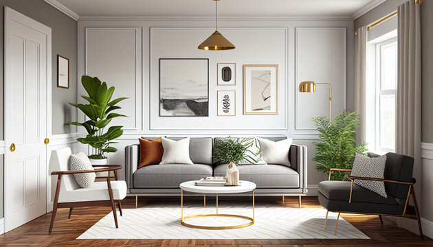 Elegant and comfortable Modern Livingroom with a neutral color palette, Paintings, interior design, sofa, wood furniture, 3D Rendered, AI Generative 