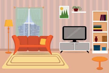 Living room interior. Convenient sofa, TV, bookshelf, flowers, vase, coffee table. Vector flat illustration.