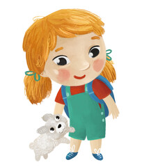 cartoon child kid girl pupil going to school learning childhood illustration for kids with dog