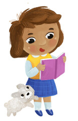 cartoon child kid girl pupil going to school learning childhood illustration for children with dog