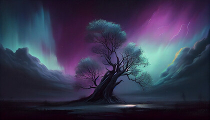 Beautiful aurora landscape, oil painting
