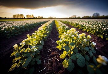 Sustainable agriculture in the Netherlands with wildflowers on potato field. Generative AI