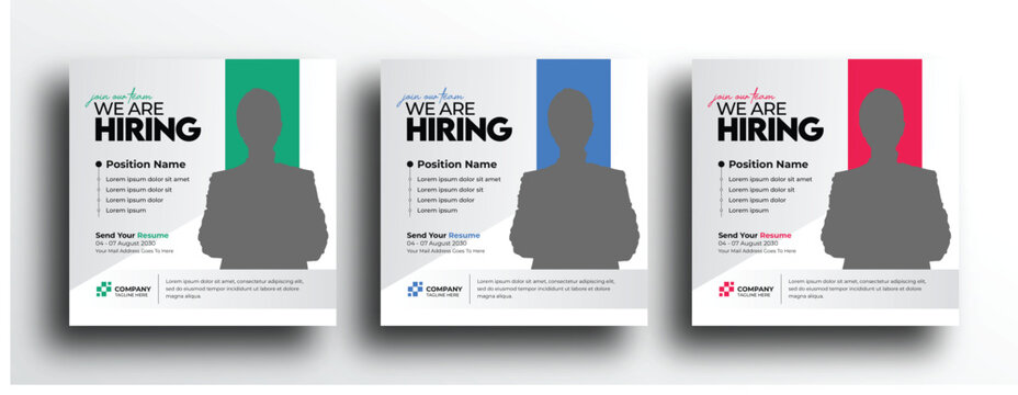 Hiring job vacancy social media post banner template design with red blue green color set