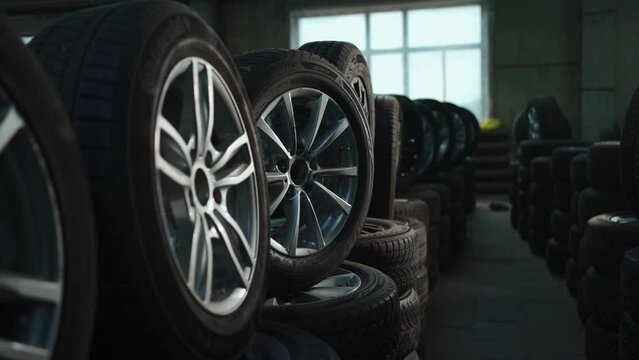 modern warehouse with stack of car tires with metal disk, auto repair service