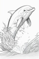 Friendly dolphin jumping out of the water, line art for coloring book, crisp lines, white background, AI generative