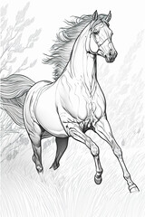 Majestic horse galloping through a field, line art for coloring book, crisp lines, white background, AI generative