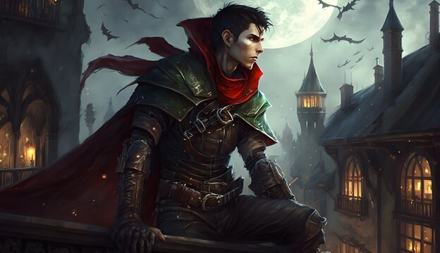 The rooftops of a fantasy medieval city with the small red moon lighting the scene we see a figure leaping from roof to roof a wide full body image of a young male fantasy elf character he is very 