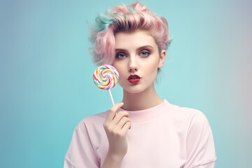 Woman with a lollipop, fictitious person. AI generated image