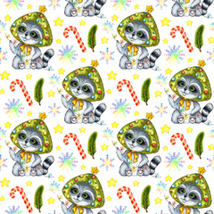 Watercolor illustration of a pattern of a raccoon in a New Year's hat and a Christmas tree, snowflakes, stars, caramel. New Year, masquerade, funny costumes. Drawing for postcards, prints, invitations