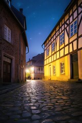 Historic German town at night with stars shining on cobbled street and half timbered ancient houses, AI generative realistic illustration