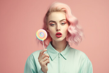 Woman with a lollipop, fictitious person. AI generated image