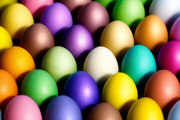 Fototapeta na wymiar Many beautiful colorful bright Easter eggs. Painted eggs. Religious holiday, wallpaper, background. Generative AI