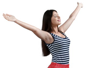 Close up portrait beautiful young woman with arms outstretched on a white background