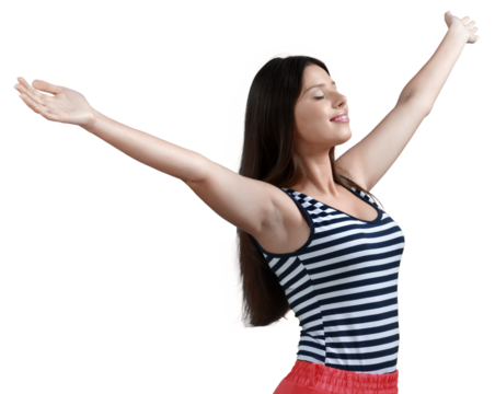 Close up portrait beautiful young woman with arms outstretched on a white background