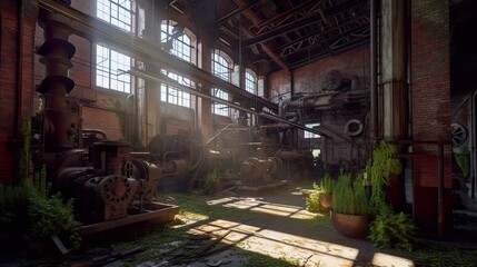 Abandoned, forgotten brick factory, old damaged factory, daylight. AI generative industrial interior.