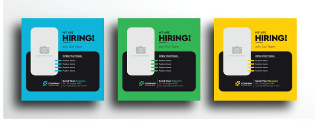 Blue green yellow hiring job vacancy square social media post banner template