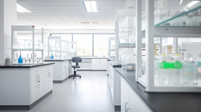 Scientific laboratory interior, research facilty, with white shelves and benches, modern design, AI generative