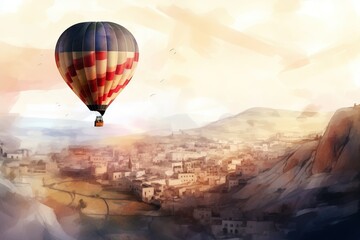 Obraz premium Hot air balloon floating above beautiful landscape. watercolor painting style illustration. Generative AI