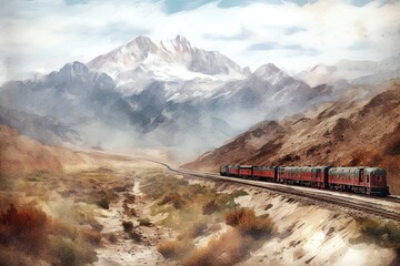 Fototapeta na wymiar Digital watercolor illustration of train riding through Mountain range in the Andes. Generative AI