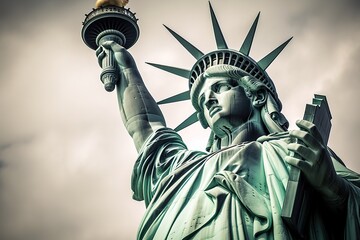 Statue of liberty low angle view in cloudy day. Generative AI