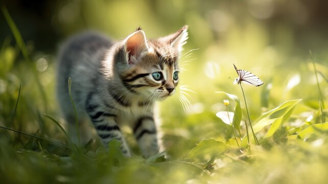 Tabby kitten chasing butterflies in the park. Generative AI
