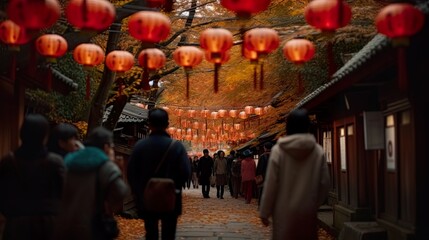 Fototapeta na wymiar An alley of autumn maple trees in Japan adorned with paper lantern garlands, people walking away from camera in the background. AI generative.