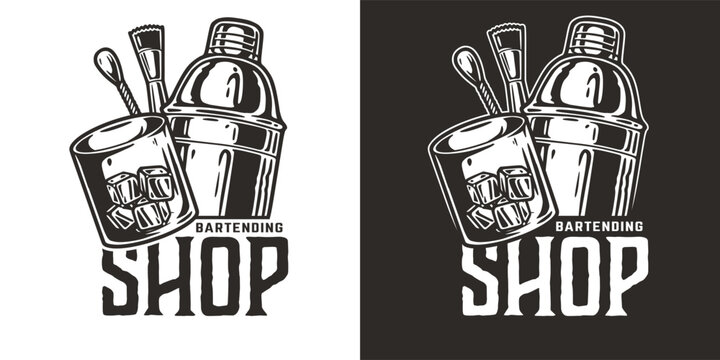 Cocktail shaker and bar glass for bartending shop or bar store. Chromed boston shaker for bartender or barman