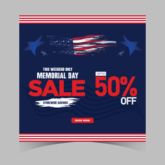 Obraz na płótnie Canvas memorial day sale web banner. happy memorial day holiday sale post. memorial day weekend sale banner. Memorial Day social media promotion template design of USA national flag colors