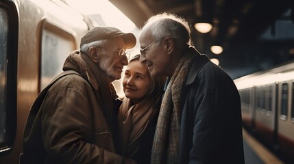 A family gathering to reunite or say goodbye at a train station, with a backdrop of busy commuters, bustling activity and emotion-filled moments. AI Generative