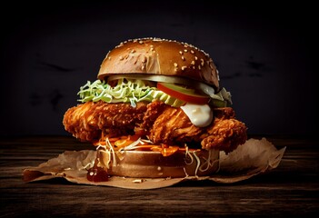 A fiery country-style fried chicken sandwich on a brioche bun with pickles, coleslaw, and white space. Generative AI