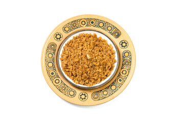 Suji Halwa or Semolina dessert. Popular dish in subcontinent - Indian and Pakistan. Served in a bowl or plate