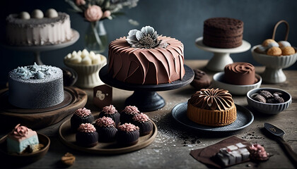 Cake Shop Banner. Advertisement, Poster, chocolate cupcakes on a plate, Cakes, Pastries, donuts, close-up, high-quality resolution.