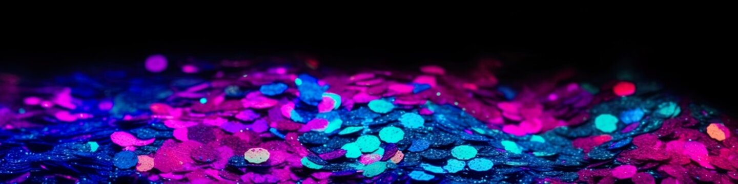 Stunning panoramic banner featuring abstract glitter lights and particles in vibrant neon colors against a dark background, AI generative