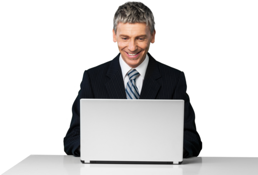 Portrait of handsome happy young man sitting with laptop with arms outstretched isolated on white