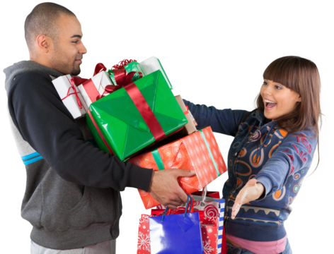 A man gives a girl a lot of gifts isolated on white background