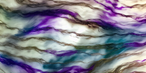 Illustration of the texture of the waves of the abstract background of alcohol ink purple turquoise and cream colors with gold pigment. Contemporary liquid art. Mixing colors. Generative AI.