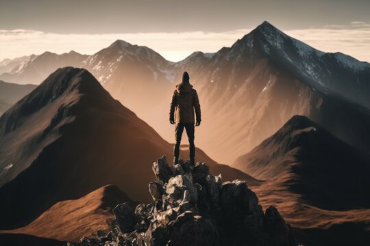 Person looking from the top of a mountain. AI generated, human enhanced.