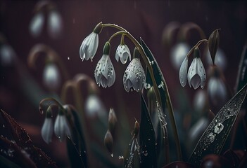 Fototapeta na wymiar Snowdrops, the first spring flowers, up close with raindrops on them. Generative AI