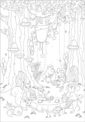 Obraz premium Forest animals having breakfast black outline for coloring page