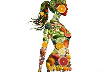 Fruit woman silhouette. Fresh fruits are laid out in the shape of a person. AI generated, human enhanced.