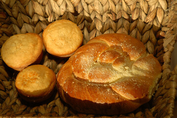 Delicious Easter Cakes or sweet bread, Easter baking in a wicker basket. Festive dessert Close-up. Easter holiday