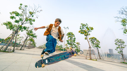 Cool Asian guy skating on longboard skate at park on summer holiday vacation. Stylish young man enjoy and fun urban active lifestyle practicing outdoor sport skateboarding on city street at sunset. © CandyRetriever 