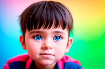 Little child with blue eyes. Portrait of kid on bright multicolored background. Generative AI.
