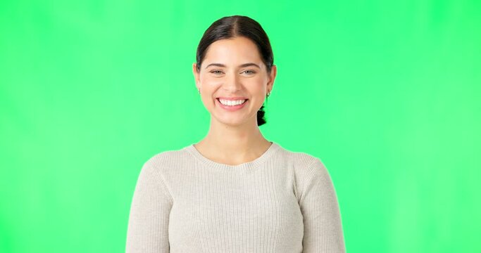 Green screen, face and woman with smile, happiness and confidence on color background, backdrop and chroma key. Portrait of happy female model with pride, good mood and carefree personality in studio